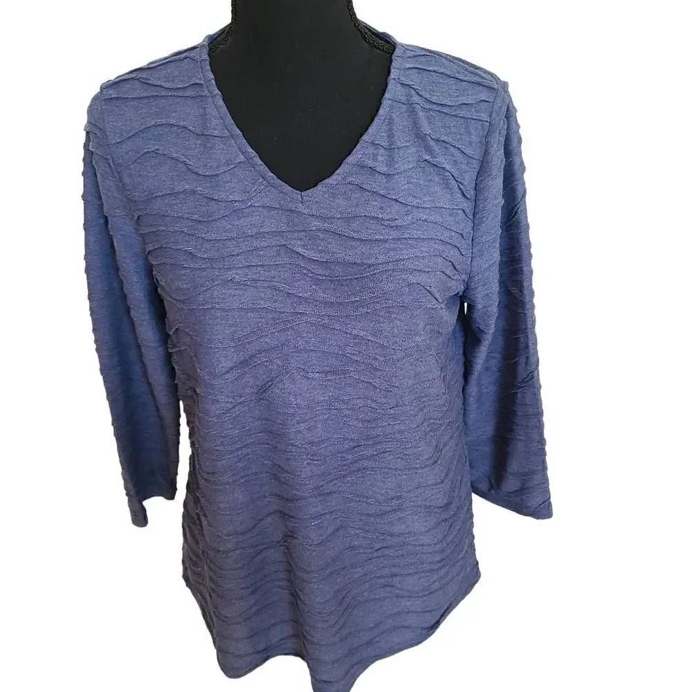 Chicos Womens Tops Quarter Sleeve Blouse V Neckline Relaxed Textured Blue Sz 0